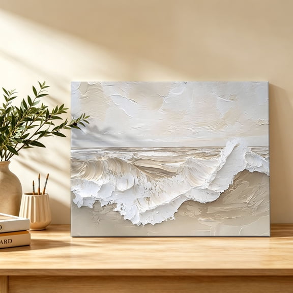 Ocean Waves Canvas Wall Art, Abstract Coastal Beach Boho Beige White Wall Art Prints Artwork Framed Canvas Ready to Hang Art Pictures for Dining Room Bedroom Study Lounge Nook 18" x 12"