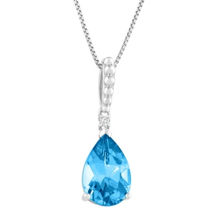 3 1/2 ct Natural Swiss Blue Topaz Pendant Necklace with Diamond in Sterling Silver