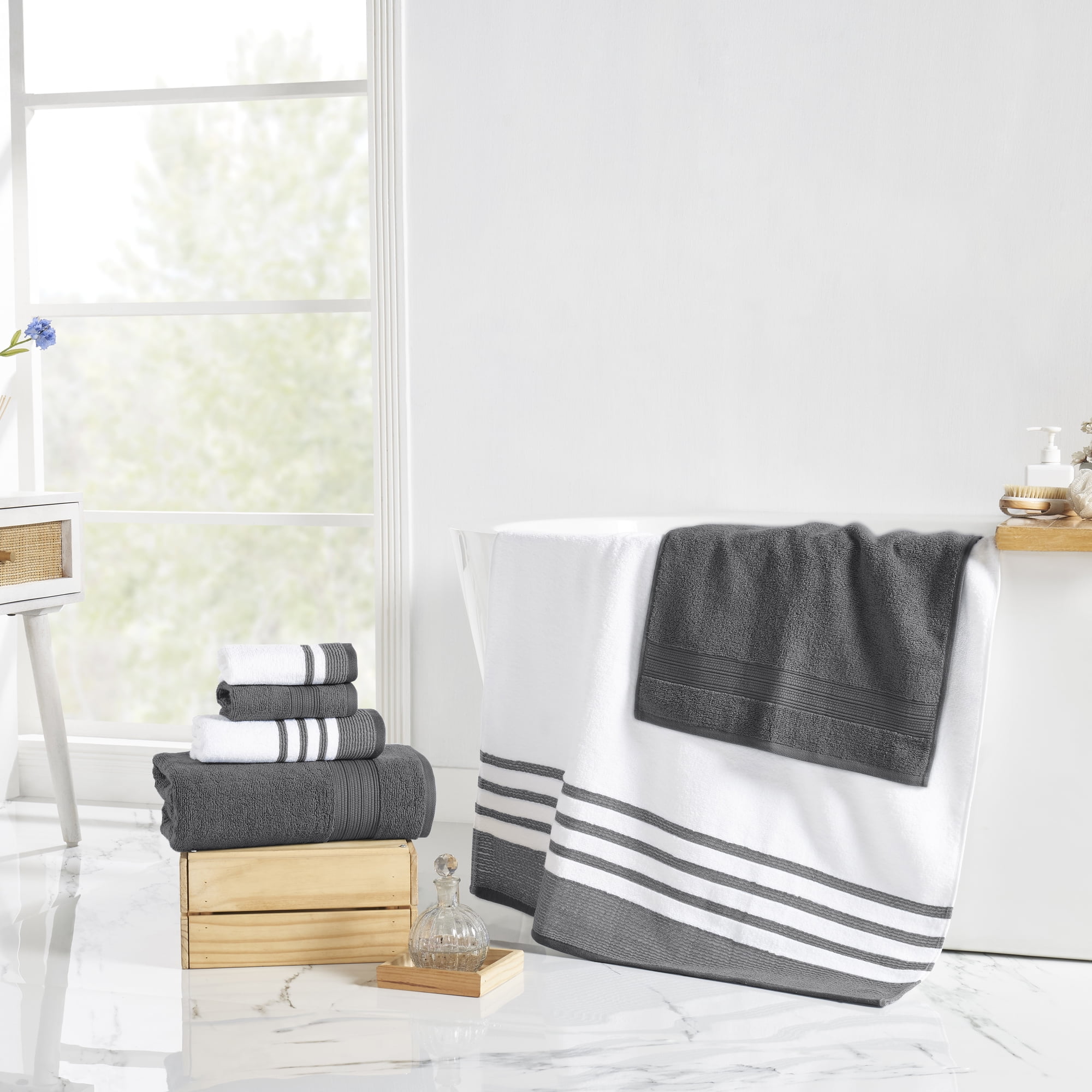 Modern Threads Reinhart 6-Piece Quick Dry Striped, Cotton Bath Towel Set, Coal Black