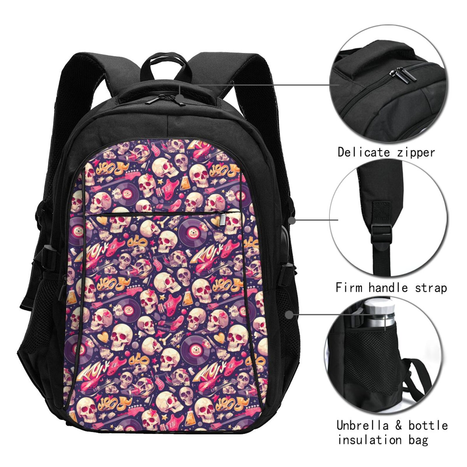 Vsdgher music Skull record Guitar Print Travel Laptop Backpack, Laptops Backpack with USB Charging Port, Water Resistant Computer Bag Gift for Men & Women