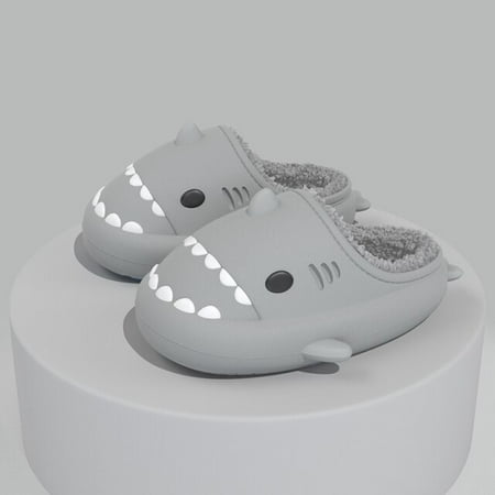 

CoCopeanut Cartoon Shark Men Cotton Plush Slippers Women Warm Winter Adults Kids Shoes Parents Children Waterproof Eva Indoor Outdoor Slide
