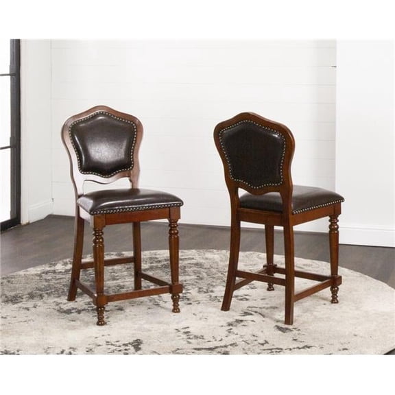 Sunset Trading Bellagio Upholstered Barstools with Backs - Counter Height Dining Chairs & Nailheads Distressed Cherry Brown Wood - Set of 2