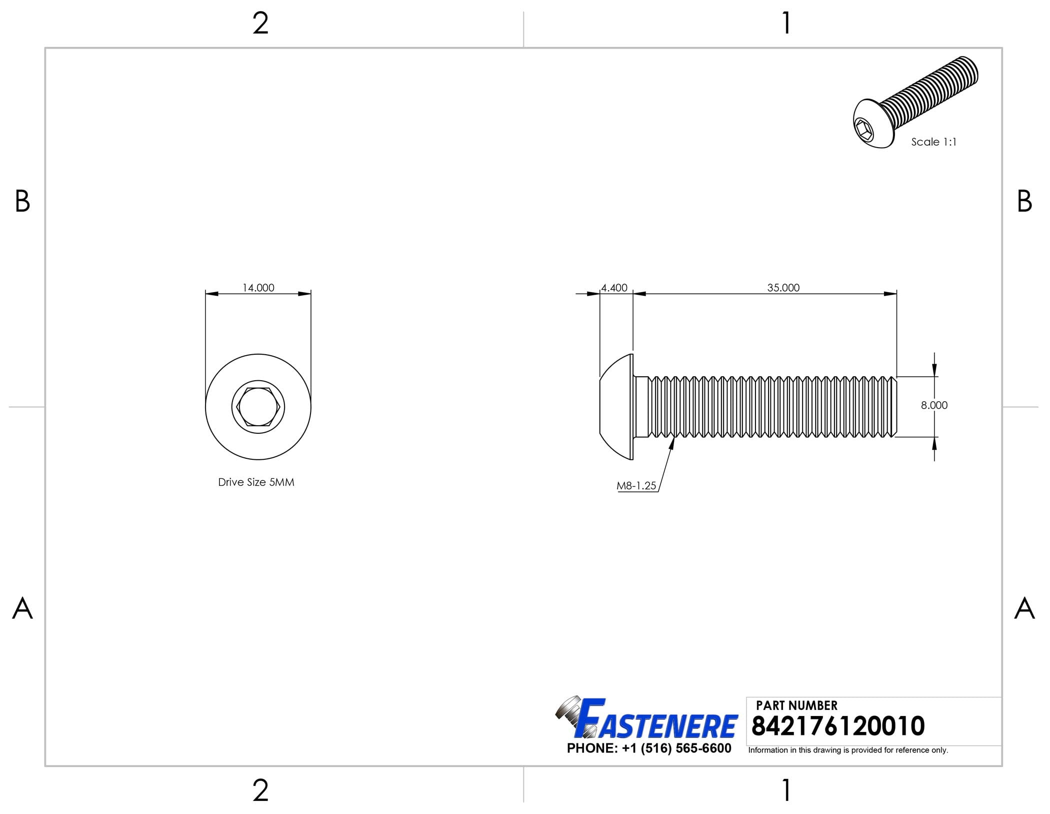 Fastenere Button Head Socket Cap Screws - M8-1.25 x 35MM (250-pack) Stainless Steel 18-8, Full Thread, Plain Finish, Flat Point, ISO 7380 Metric Screw Set, Easy to Install w/ Allen Hex Socket Drive