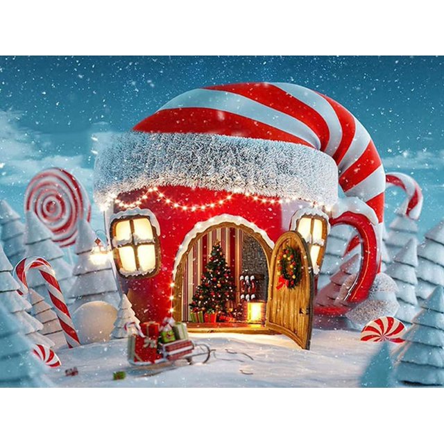Kits de pintura de diamante para adultos, casa de Navidad con diamante 5D DIY taladro completo redondo diamantes de imitación regalo de Navidad para niños decoración de pared 12.0 x 16.0 in