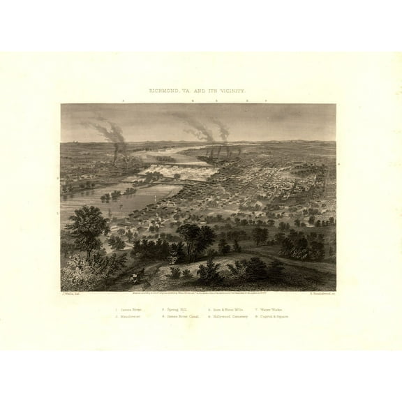 Historic Panoramic View - Richmond Virginia - Wells 1863 - 30.92 x 23 - Vintage Wall Art