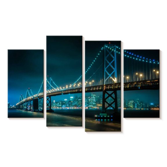 Elephant Stock Neon Golden Gate Sf Wall Art - Horizontal Multi Panel Canvas - Living Room Wall Decor - Architecture Multi Panel - Teal And Black Decor - 84" x 54"