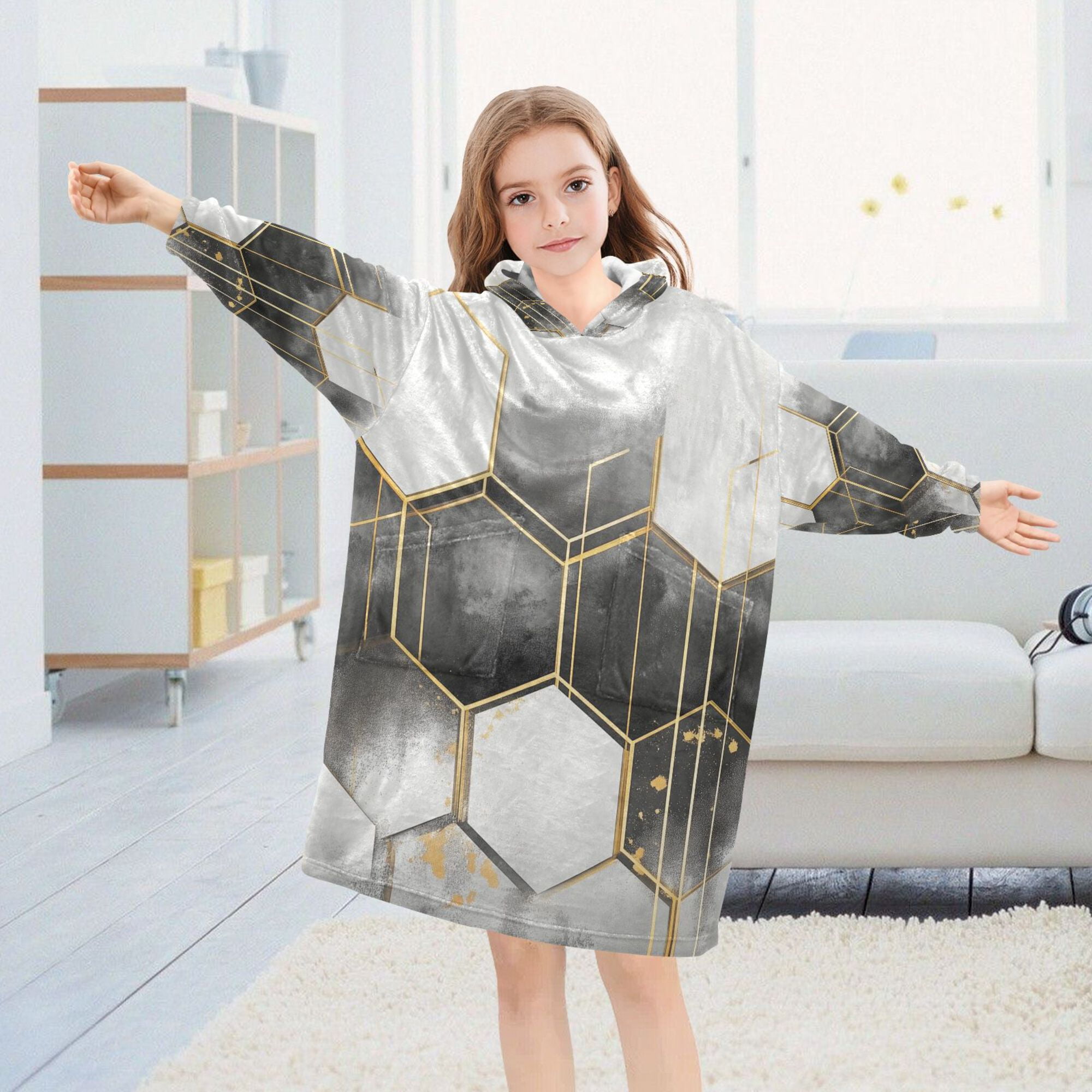 FORMRS Wearable Blanket Hoodie with Sleeves for Kids Cozy Flannel Sweatshirt, Gray Hexagons