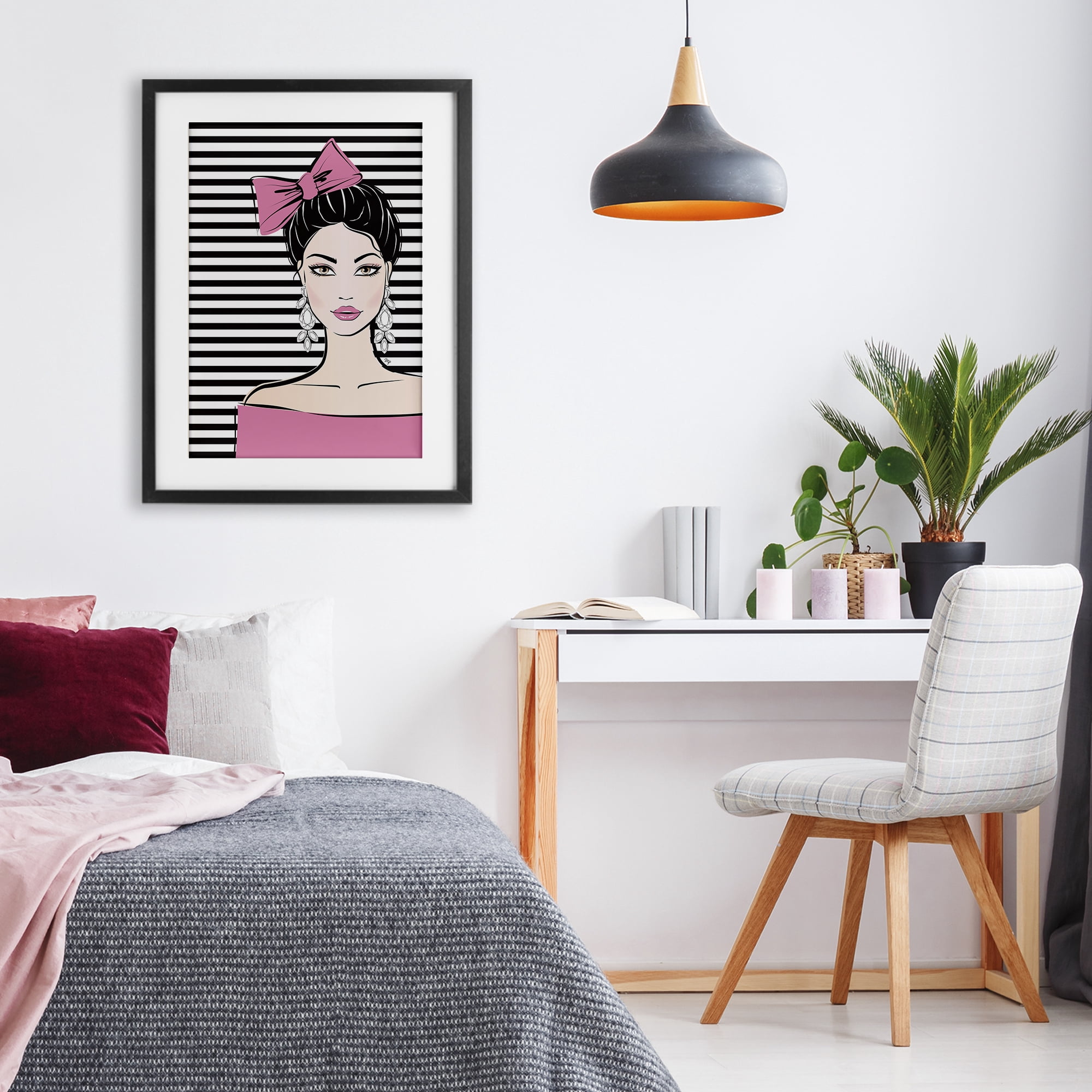Stupell Industries Girl with Pink Bow & Earrings Black Framed Print Under Glass, design by Martina Pavlova