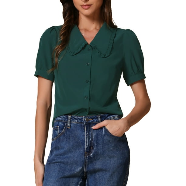 Blusa de mujer Inspire Chic con cuello Peter Pan, manga corta abullonada, camisa retro en verde oscuro