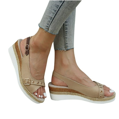 

YanHoo Wedges for Women Casual Espadrille Slide On Platform Sandals Comfort Open Toe Ankle Elastic Strappy Studded Flatform Sandal Shoes