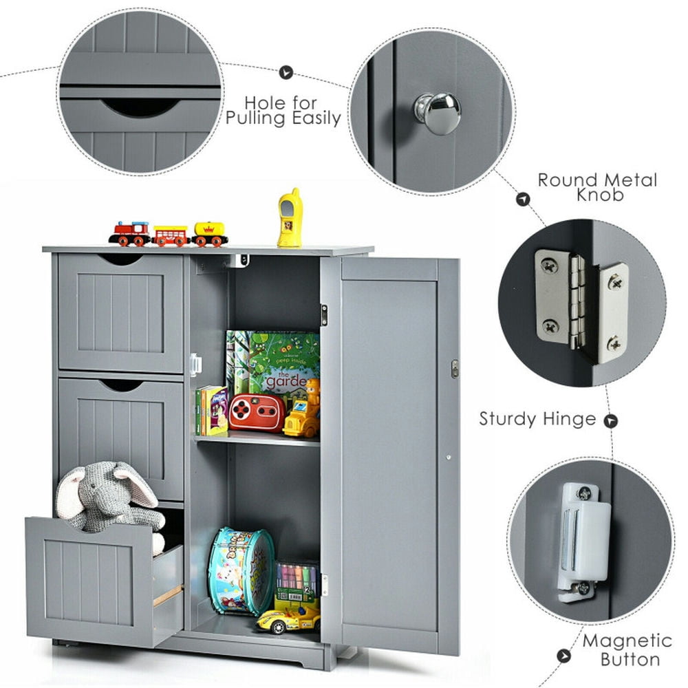 Finihen Storage Cabinet, Floor Cabinet, Bathroom Floor Cabinet Side Storage Cabinet with 3 Drawers and 1 Cupboard, for Bathroom, Living Room, Bedroom, Kitchen, Gray