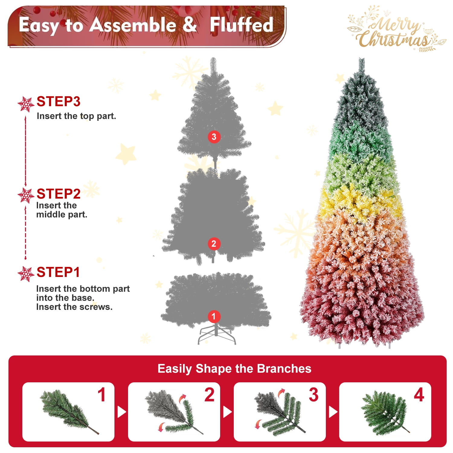 6ft Rainbow Gradient Flocked Christmas Tree 1326 Tips Metal Stand Unique Holiday Decor