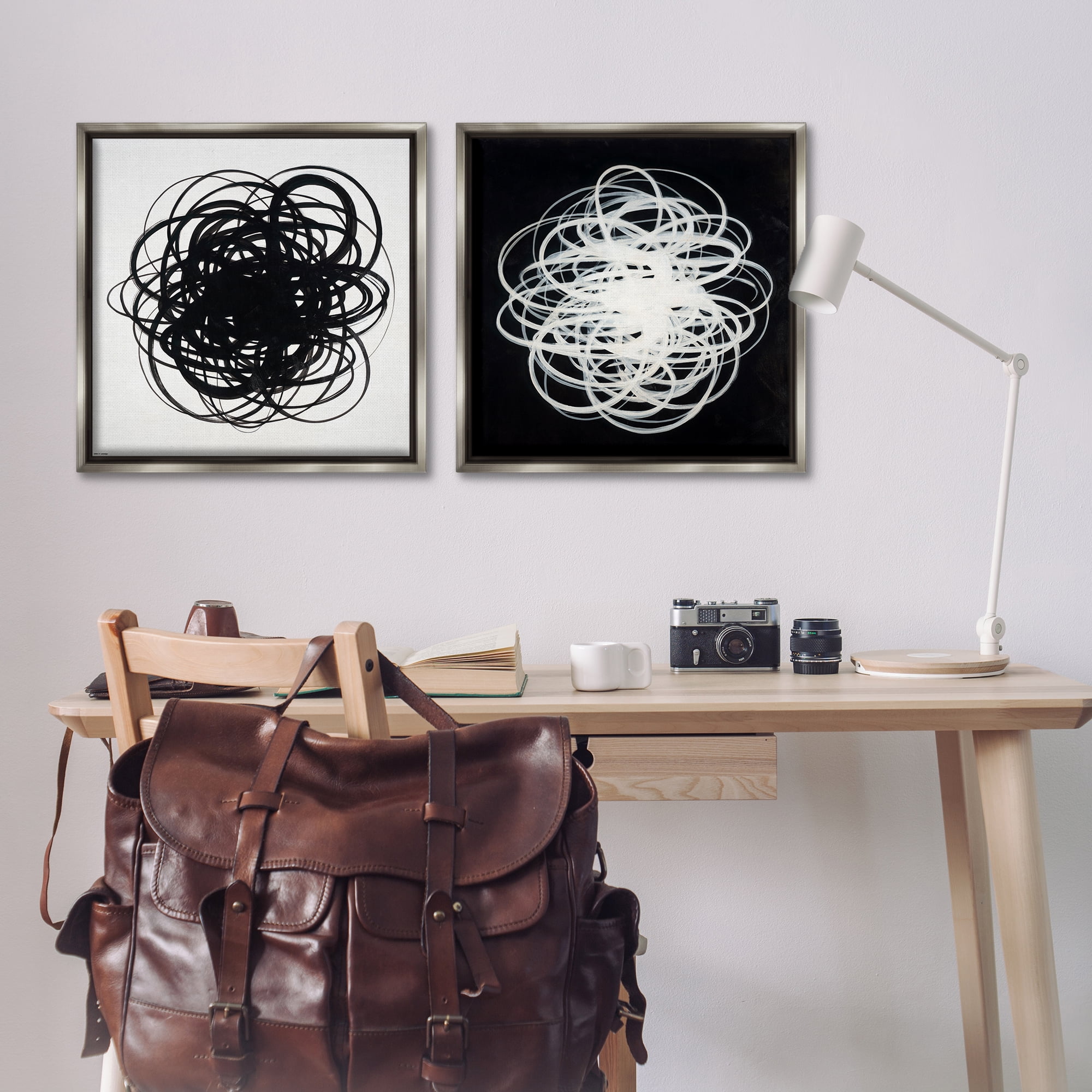 Stupell Industries Black & White Tangled Lines Abstract Painting Gray Floater Framed Canvas Art Print Wall Art, 25 x 25, Set of 2