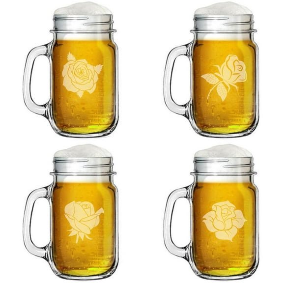 16oz Mason Jar Glass Mug w/Handle Gift Set of 4 Rose Collection
