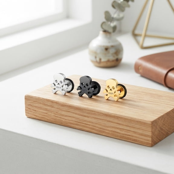 Pirate Skull Crossbones Stud Earrings Set for Men , 3 Pairs Stainless Steel Gothic Punk Earrings