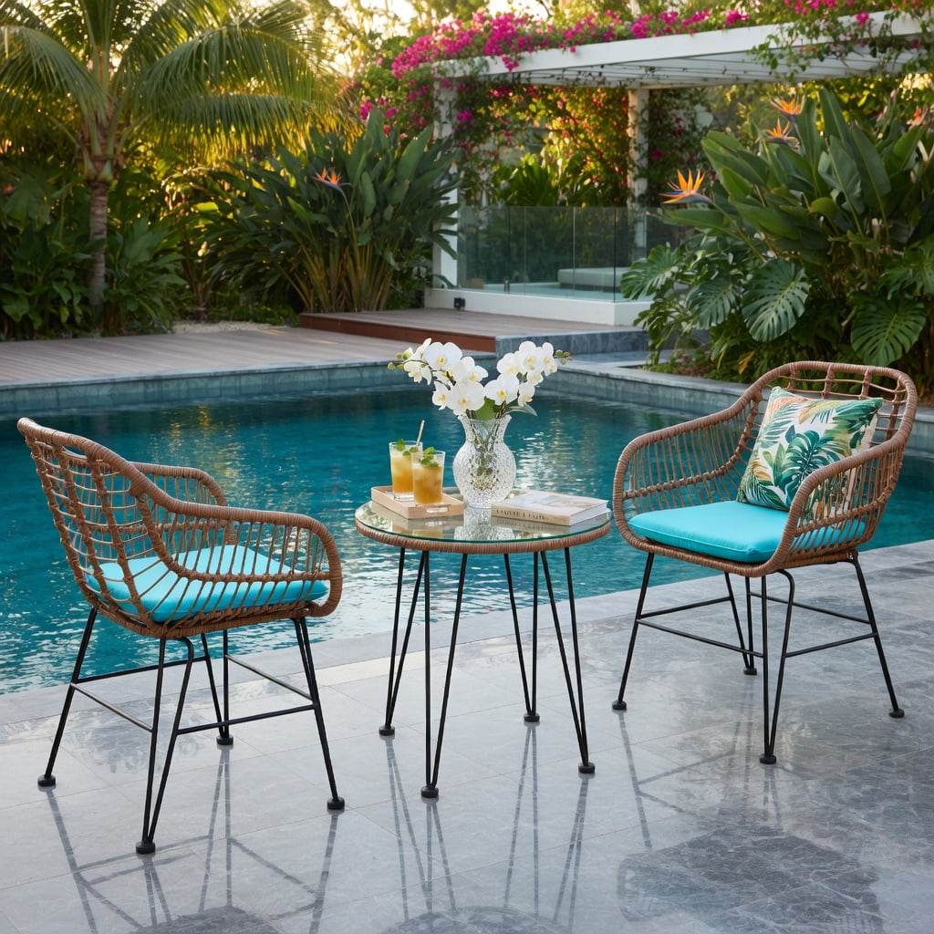 Hommoo 3-Piece Rattan Outdoor Furniture Set, 2 Cushioned Chairs + Tempered Glass Coffee Table, Turquoise