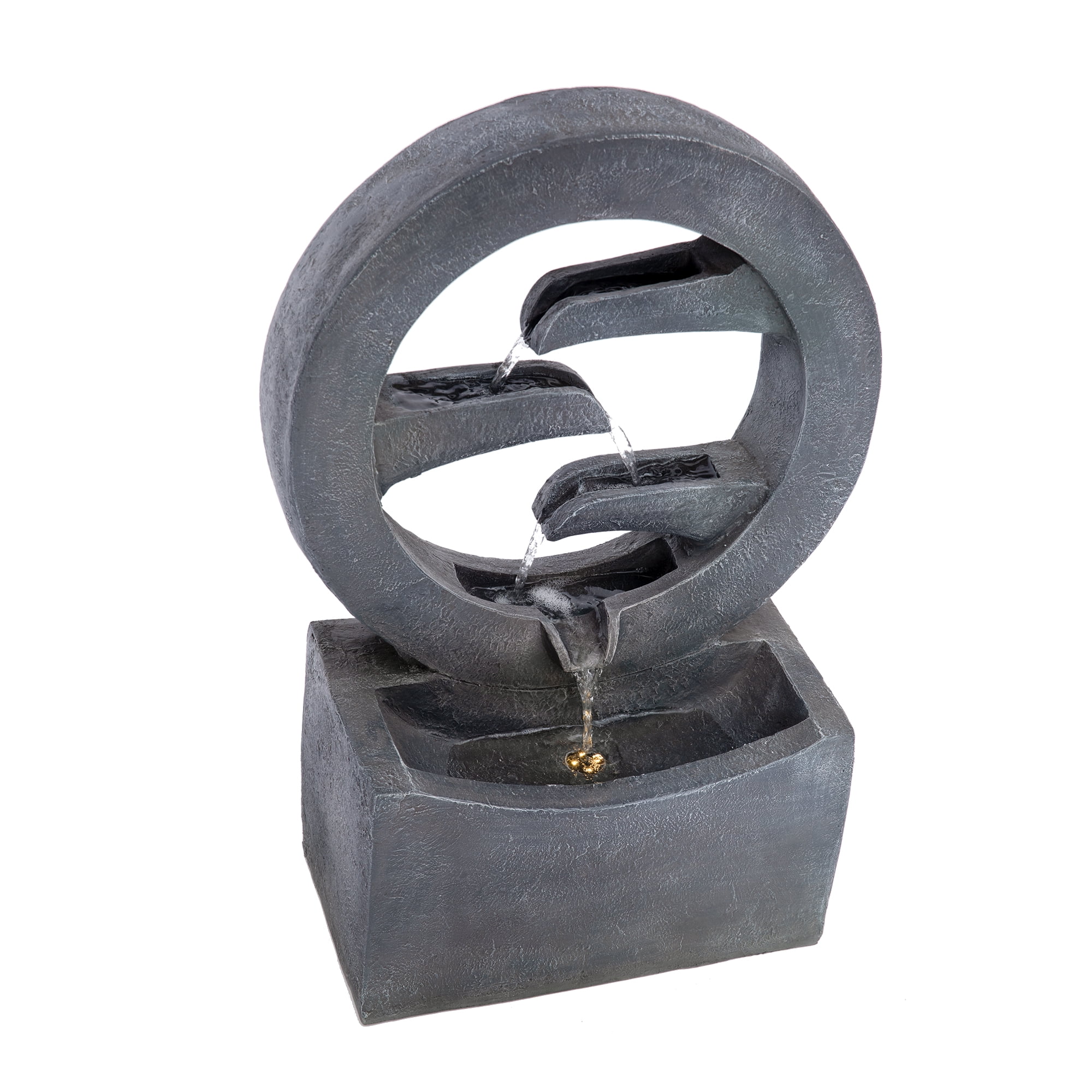 Circular LED Fountain, 26.77 Inch Gray Polyresin Outdoor Water Fountain for Patio Garden, Gray