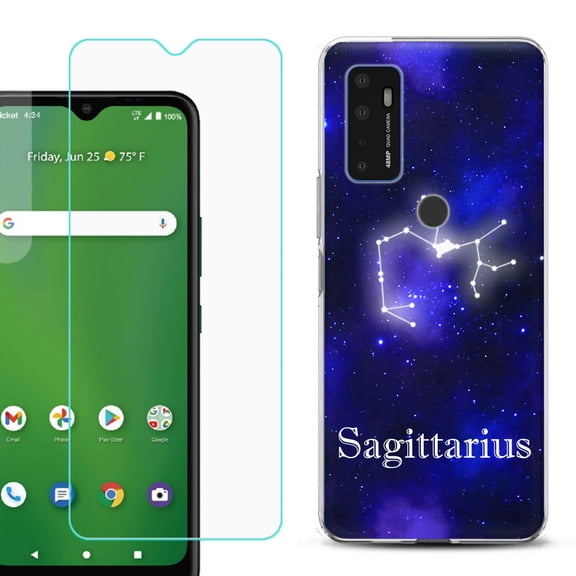Slim-Fit Gel TPU Phone Case for Cricket Dream 5G, with Tempered Glass Screen Protector, by OneToughShield ® - Zodiac / Sagittarius