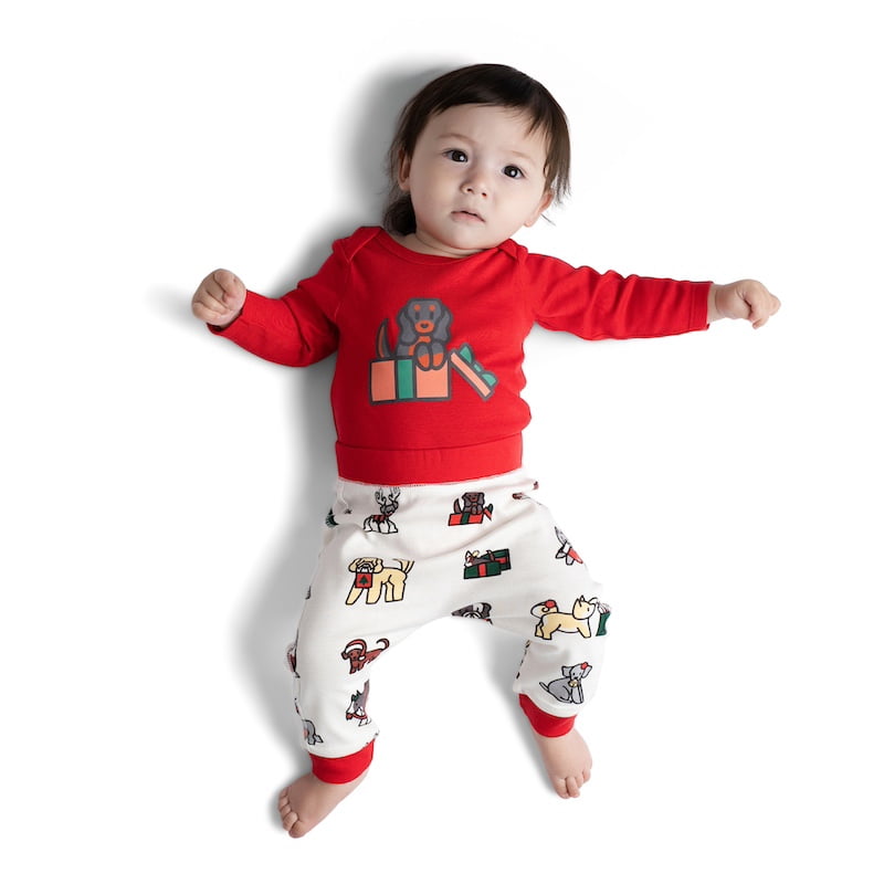 M+A by Monica + Andy Christmas Organic Cotton Gender Neutral First Moves Bodysuit + Groove Pant + Bib Set, Sizes Newborn -24 Months