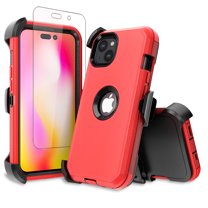 NIFFPD iPhone 14 Plus Case with Screen Protector   Belt-Clip Holster, Heavy Duty Hard Shockproof Phone Case for iPhone 14 Plus 6.7" Red Black