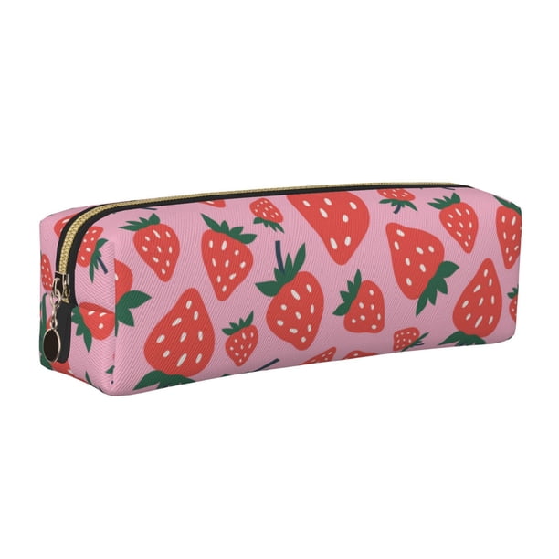 Easygdp Cartoon Strawberry para Estuche de Lápices de Cuero, Estuche de Papelería de Cuero, Estuche de Gran Capacidad con Cremallera