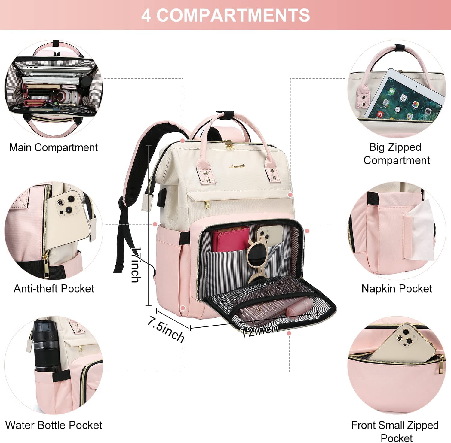 Lovevook Large Capacity 17inch Laptop Bag with Anti-Thief Pocket and USB Charging Port, Beige Pink