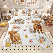 Homewish Farmhouse Highland Cow Full Size Comforter Sets,Multicolor Country Floral Bedding Comforter Set,White Brown Bedding Sets For Girls,Breathable Home Decor Reversible,3pcs