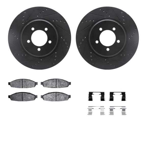 Dynamic Friction Company Front Brake Rotors-Drilled and Slotted-Black with 5000 Advanced Brake Pads includes Hardware 8512-55007