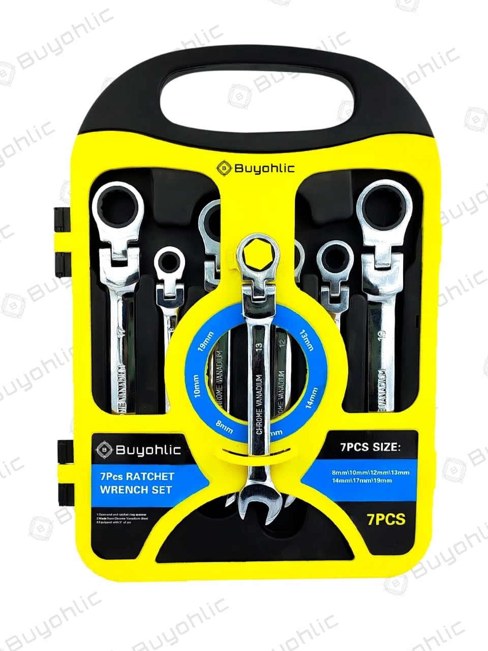 BUYOHLIC 7-Piece Flex-Head Metric Ratcheting Wrench Set Metric 8 to 19mm Standard Spanners CR-V Steel with Organizer Rack