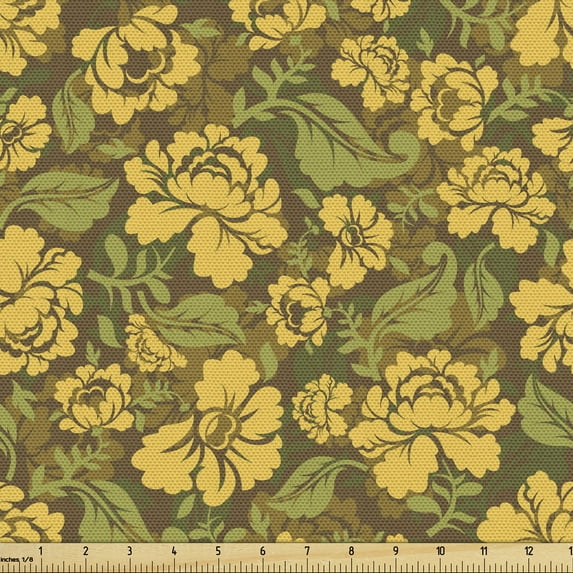 Khaki Upholstery Fabric by the Yard, Earth Tones Vintage Floral Repetition with Blooming Petals, Decorative Fabric for DIY and Home Accents, 1 Yard, Khaki Mustard by Ambesonne