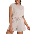 thumbnail image 1 of Conjunto de dos piezas de verano para mujer ATHLECHIC, con mangas cortas, cuello redondo, pantalones cortos con cintura elástica, color durazno claro, 1 of 1