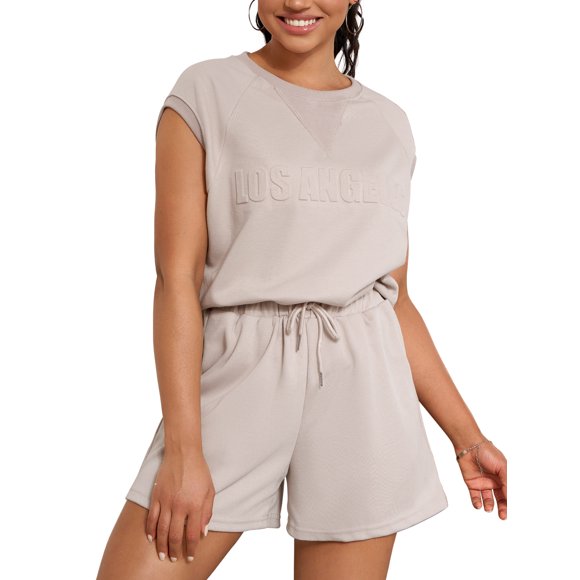 Conjunto de dos piezas de verano para mujer ATHLECHIC, con mangas cortas, cuello redondo, pantalones cortos con cintura elástica, color durazno claro