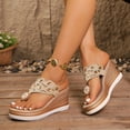 thumbnail image 3 of Rokment Glitter Rhinestones Pearl Platform Flip Flops Backless Slip on Dress Sandals for Women Ethnic Boho Delicate Wedge Chunky Heels Slides Summer Slippers Gold Size 8.5, 3 of 5
