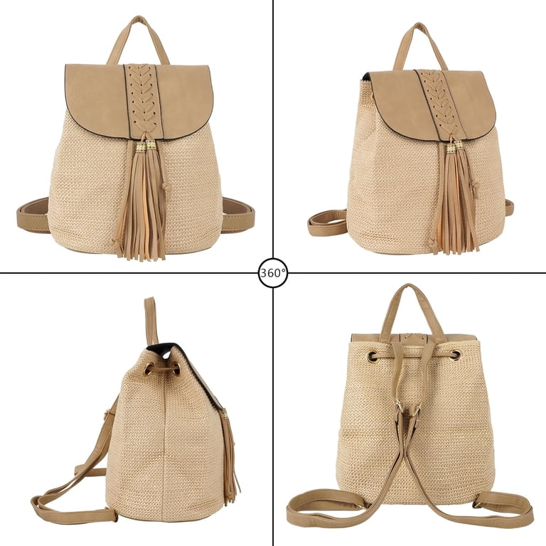 JUYGO Women Small Braid Tassels Straw Woven Backpack PU  display picture 2