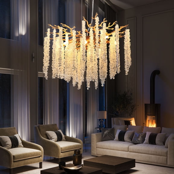 24-inch Modern Golden Pendant Light with Cascading Crystal Strands, 8-Light Ceiling Chandelier for Dining Room, Living Room, Foyer, High-End Decorative Lighting Fixture (Bulbs Not Included)