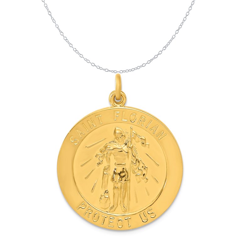 Carat in Karats Sterling Silver Polished Finish Gold Plated (24K) 24K Gold Saint Florian Medal Charm Pendant (32.55mm x 25mm) with Sterling Silver