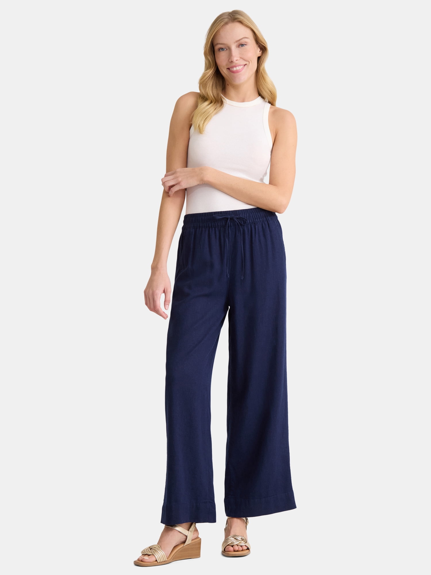 Time and Tru Women's and Women's Plus Wide Leg Linen Blend Pants, 29" Inseam, Sizes XS-4X