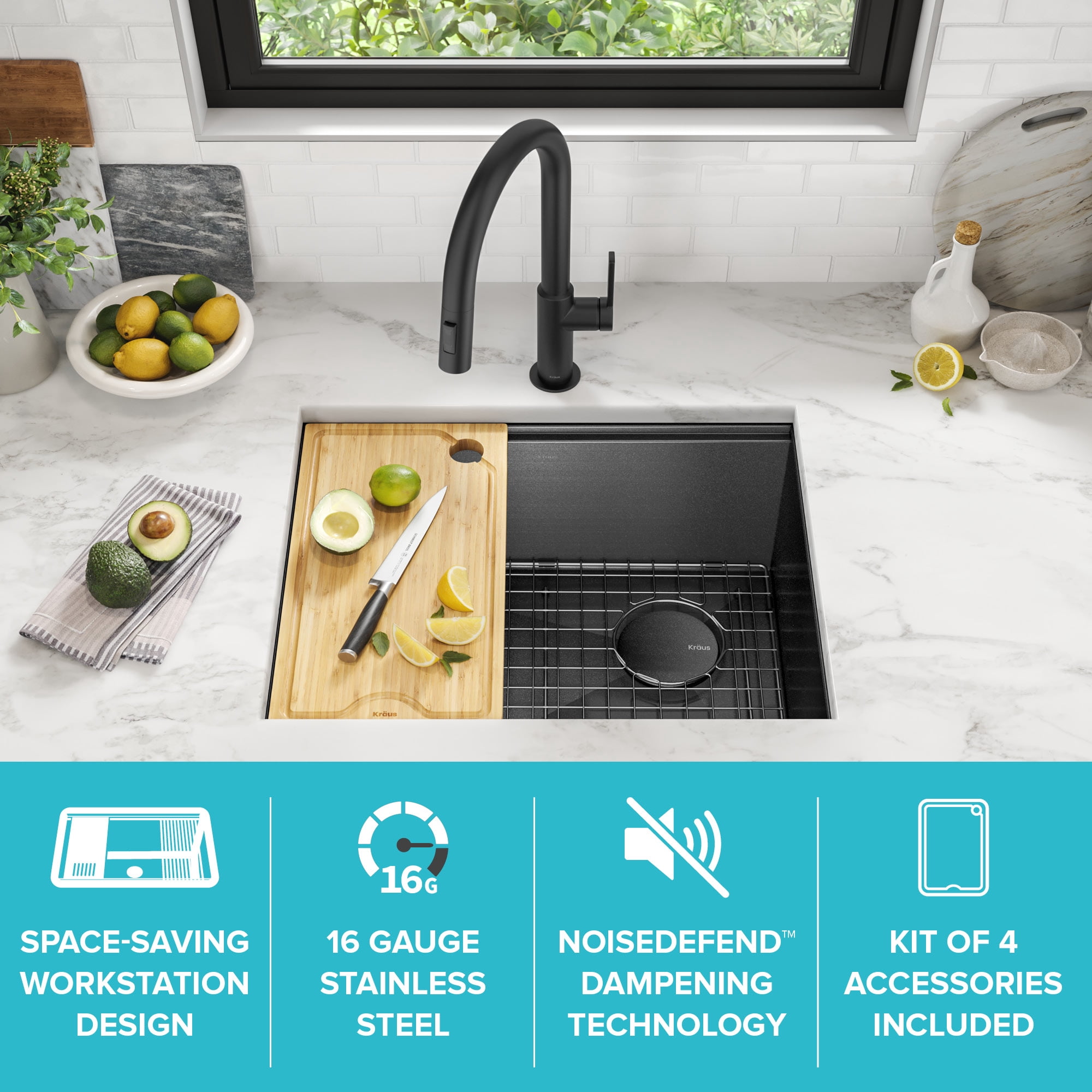 KRAUS Kore 23 Undermount Workstation 16 Gauge Black Stainless Steel Single Bowl Kitchen Sink in PVD Gunmetal Finish with Accessories