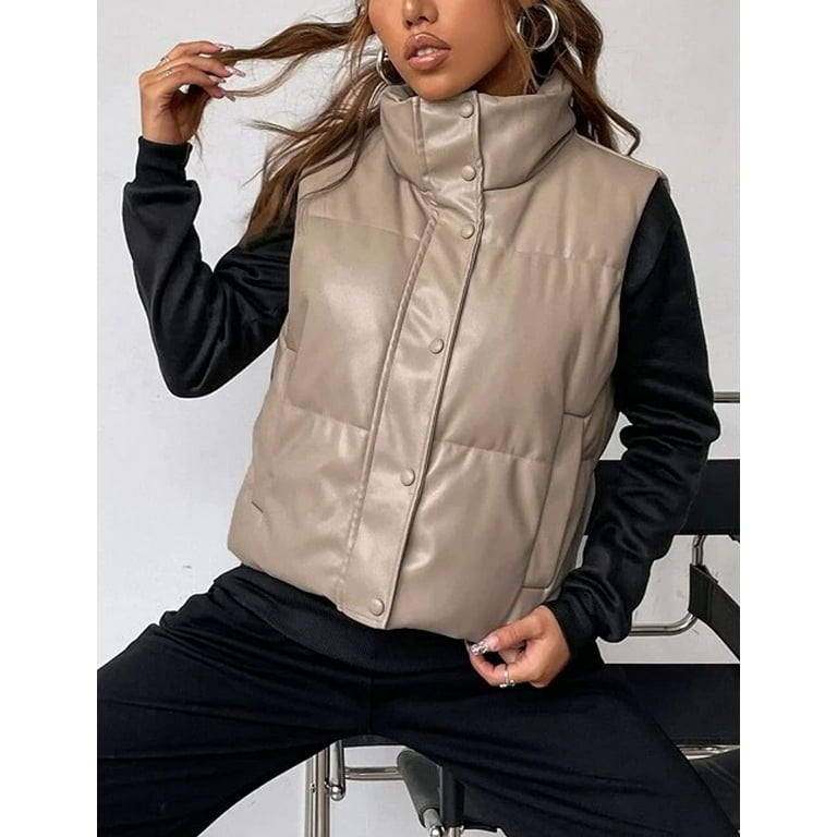 DanceeMangoos Womens PU Leather Cropped Puffer Vest Winter Faux Leather Zip  Up Stand Collar Sleeveless Quilted Padded Jacket