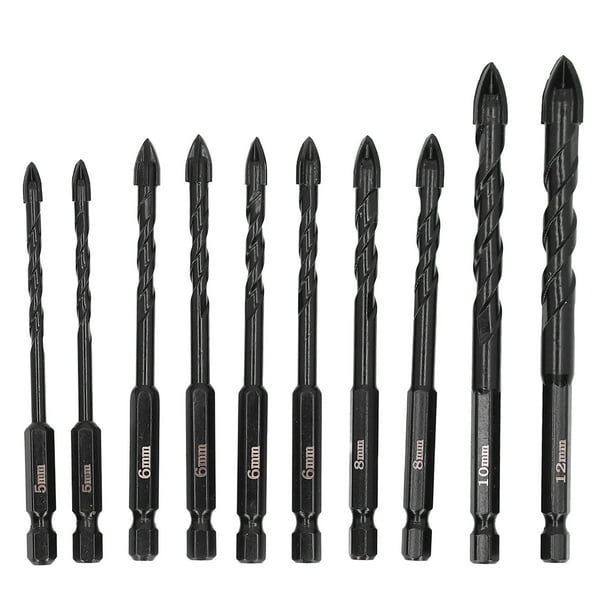 10 brocas de carburo cementado de 3 flautas para mampostería con vástago hexagonal.