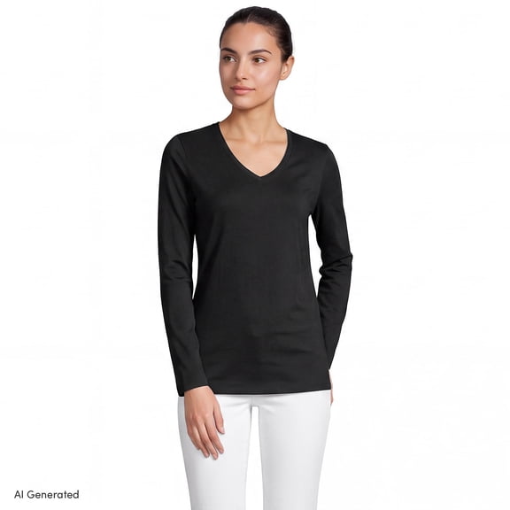 Lands' End Women's Petite Relaxed Supima Cotton Long Sleeve V-Neck T-Shirt
