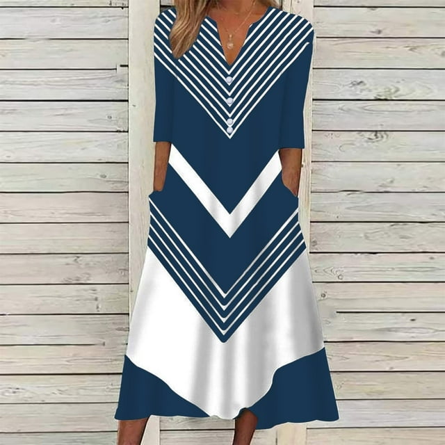 Robes pour Mariages en Tant Qu'invité Mode Femmes Été Imprimé Décontracté Col en V Boutons Manches Courtes Vacances Poches Robe Petites Robes en Solde
