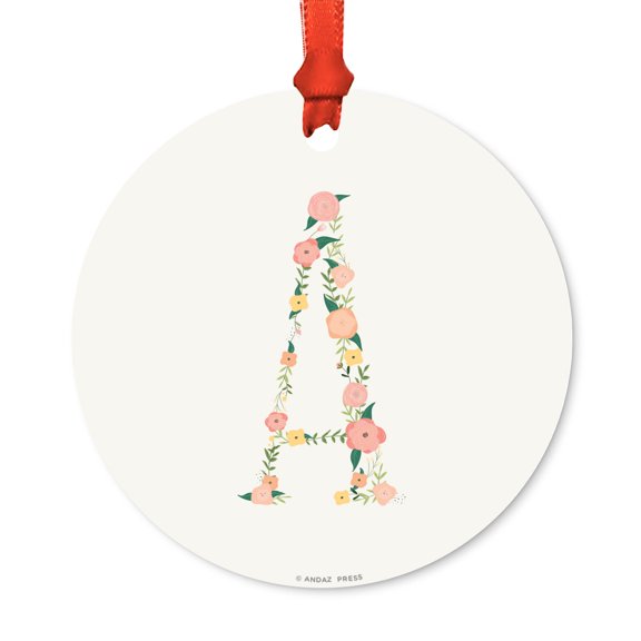 Floral Family Monogram Metal Christmas Ornament, Coral Peach Floral Roses, Letter A, Includes Ribbon and Gift Bag