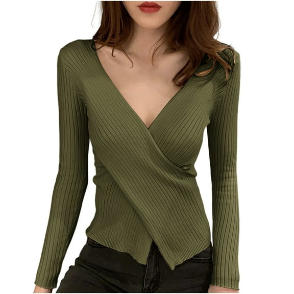 Fjofpr fall and winter sweaterss for women 50% off Clear Fashion Women Winter Solid Long Sleeve Pullove V-Neck Casual Sweater Tops Army Green Free Size