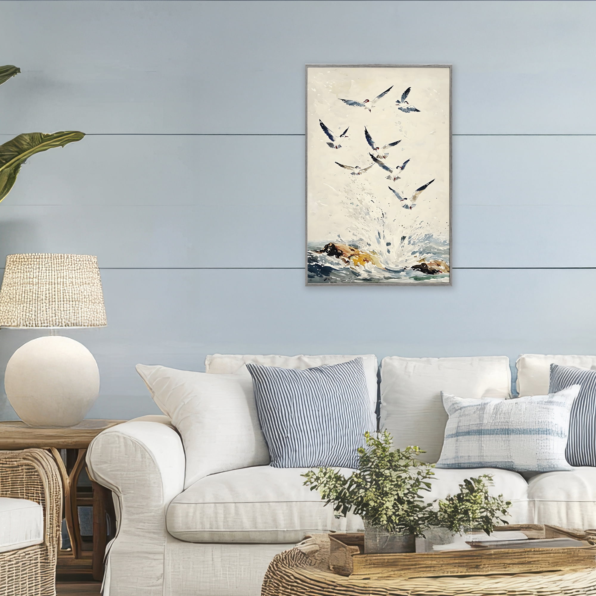 Stupell Industries Waves of Seagulls over Rocks Gray Framed Giclee Art, design by Creative Studio