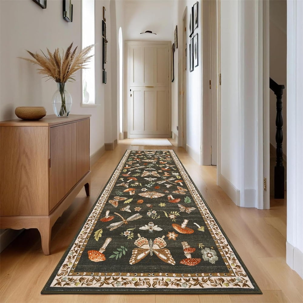 Washable Runner Rug Modern Insect Floral Print Area Rug Mushroom Carpet for Kitchen Stain Resistant Carpet with Non-Slip Backing Low Pile Floor Cover for Hallway Laundry Bedroom