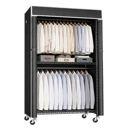 Freestanding Metal Garment Rack with Full Fabric Dust Cover, Single Hanging Rod Clothes Closet with Storage Shelf, Portable Wardrobe Organizer for Bedroom & Laundry Room