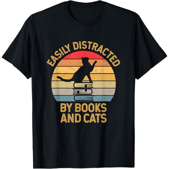 Easily Distracted by Books and Cats T-Shirt men and women can wear, black, white, gifts