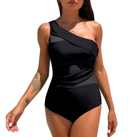 Womens One-Piece Swimsuits Solid Color Shoulder Strap Sporty Sexy Stylish Bikini Swimsuit Swimwears Bathing Suits Black M
