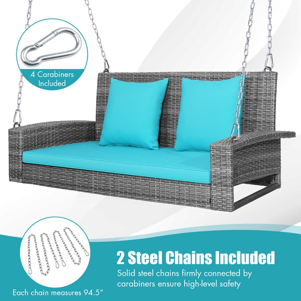 Aimee Lii 2-Person Patio PE Wicker Hanging Porch Swing Bench Chair Cushion 800 Pounds, Outdoor Patio Furniture, Turquoise